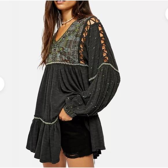 Free People Much Love Tunic Top Mini Oversized Open Back Dress Size S - Picture 1 of 11